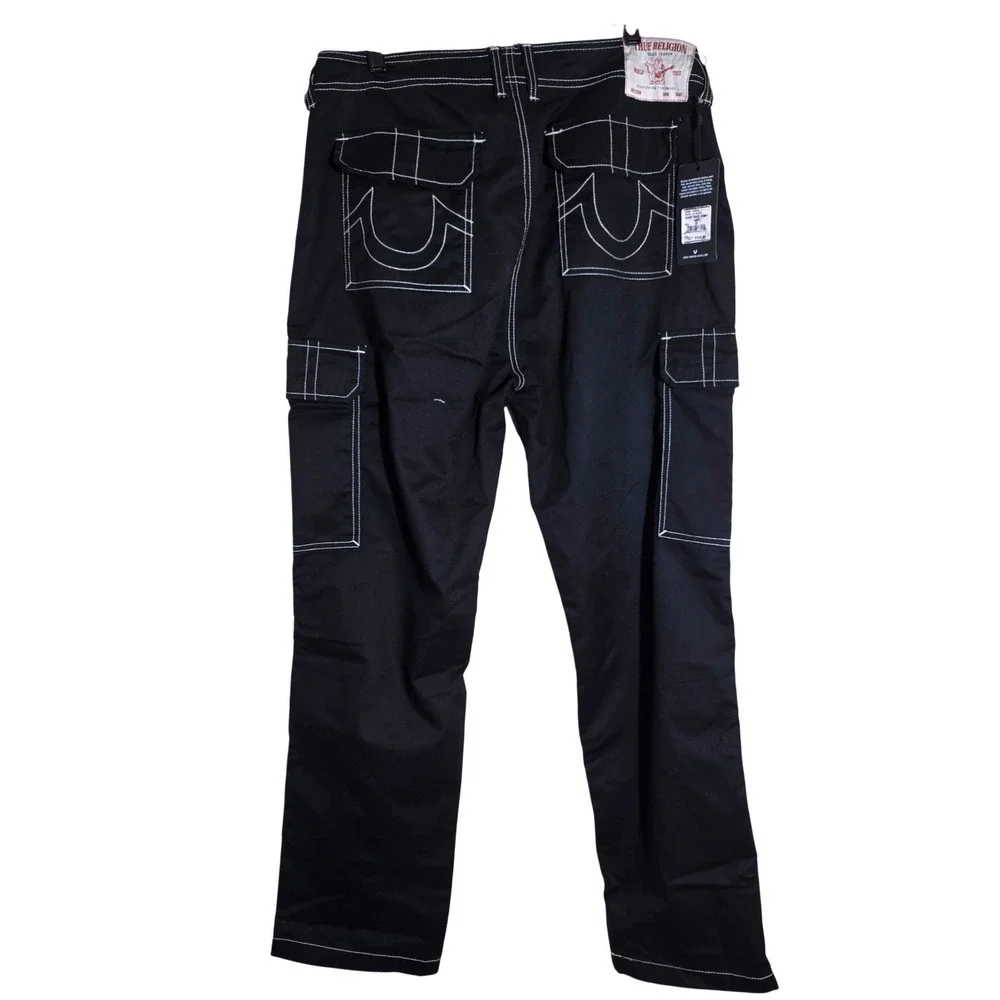 NWT True Religion Bobby Baggy Cargo Pants Mens 34 Black Contrast Stitch 700248